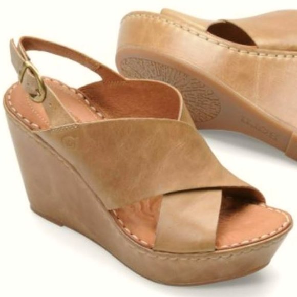 Born | Shoes | Born Criss Cross Tan Leather Emmy Platform Wedge Sandals |  Poshmark